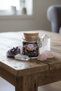 Jar of ritual powder Clearing and unblocking on a table with some crystals
