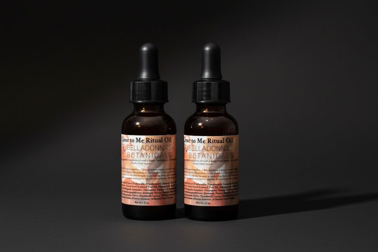 Come to Me ritual oil bottles with dropper tops on a white background