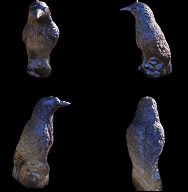 Four views of a metallic bird figurine on a black background