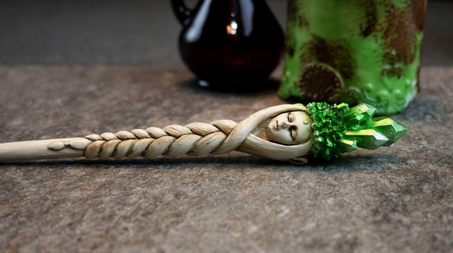 A white wand with a sculpted face of a goddess, featuring braided hair and a crystal crown at the top, displayed against a blurred background with a green element on the left.