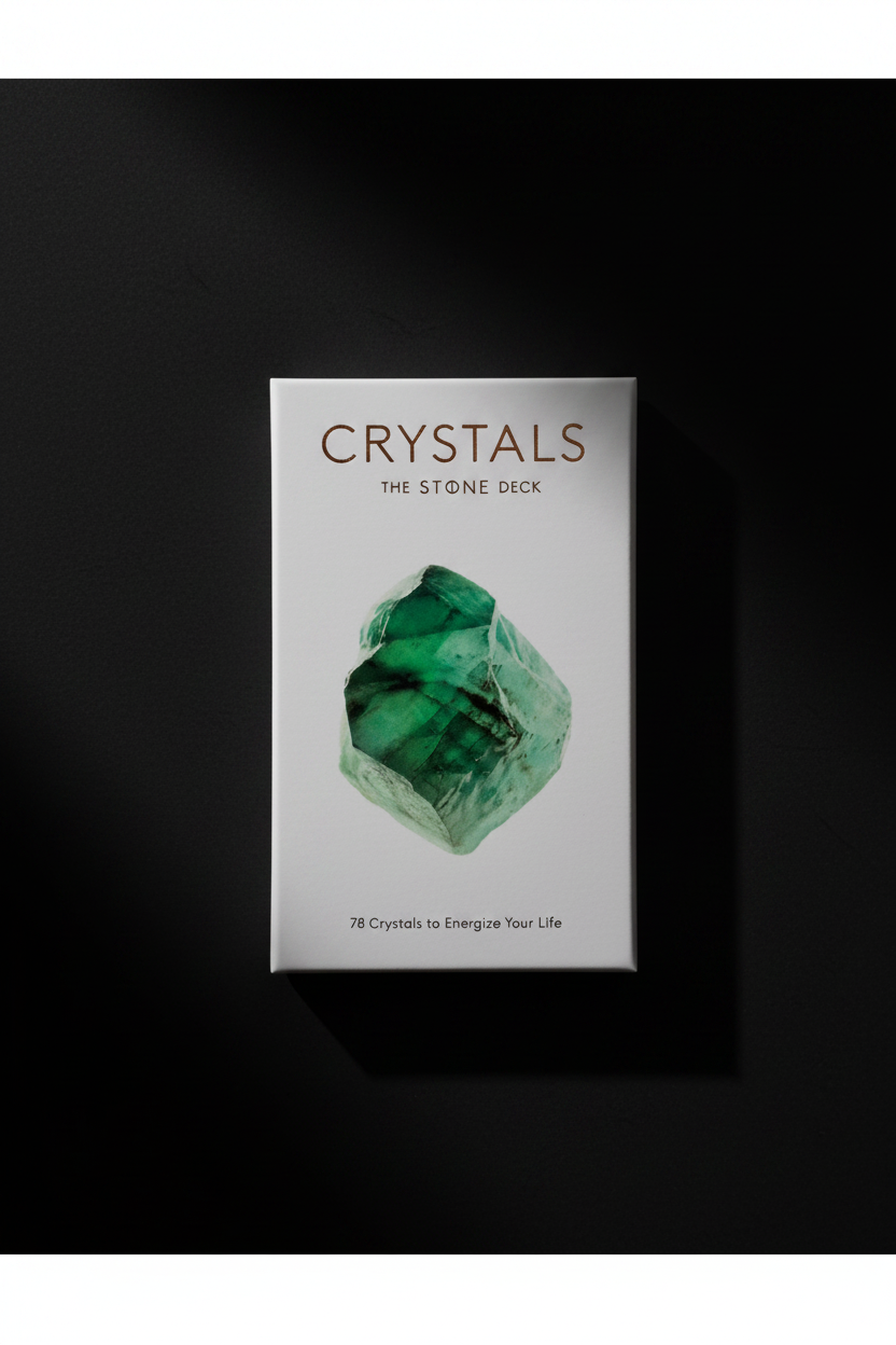 Crystals The Stone Deck packaging with green crystal image and 78 Crystals to Energize Your Life subtitle
