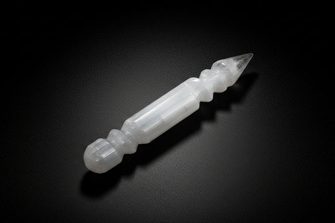 Curved white satin spar gypsum wand commonly sold as selenite