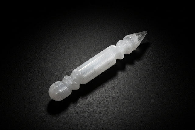 Curved white satin spar gypsum wand commonly sold as selenite