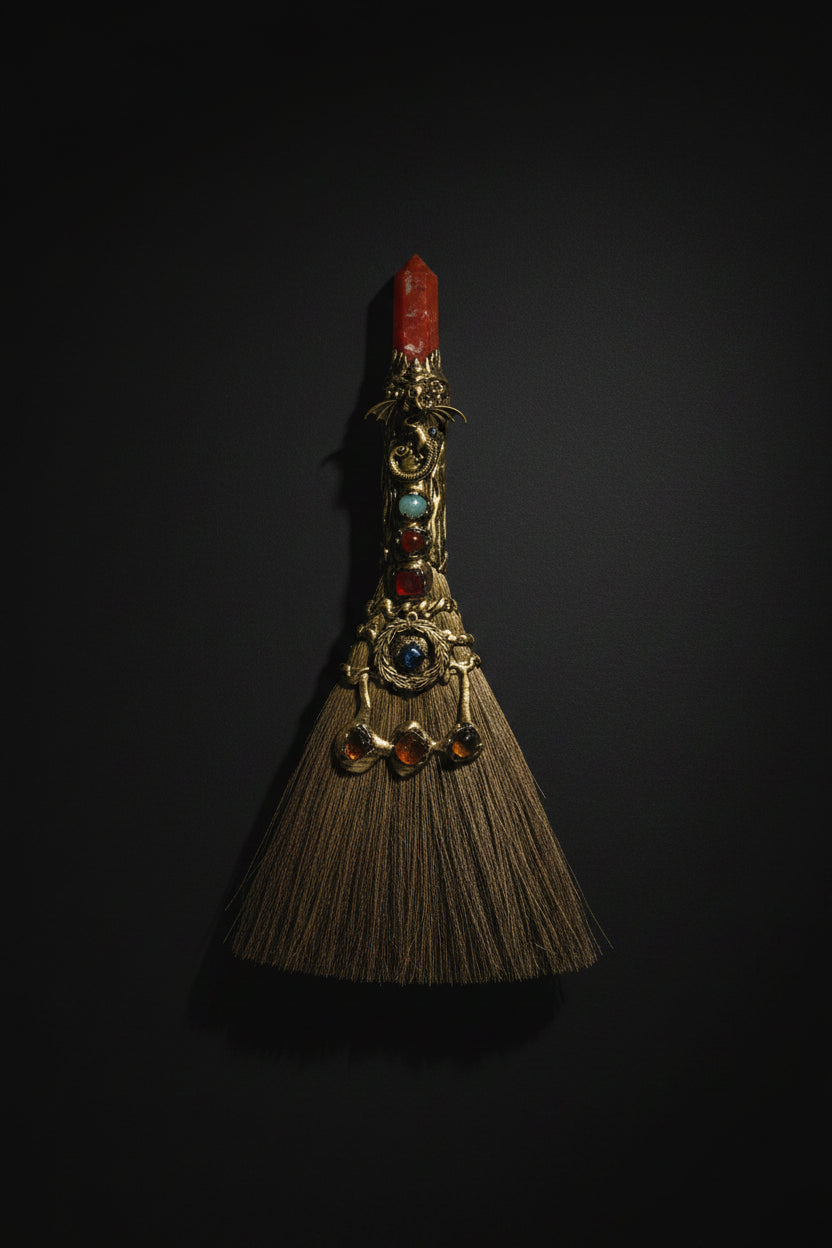 Thirteen-inch red jasper Wicca broom with gold dragon charm