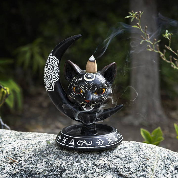 Black cat backflow incense burner full view