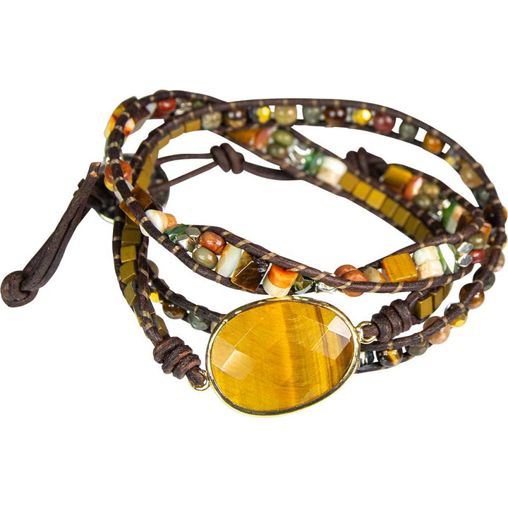 Leather wrap bracelet with mixed gemstone beads and Tiger Eye accents