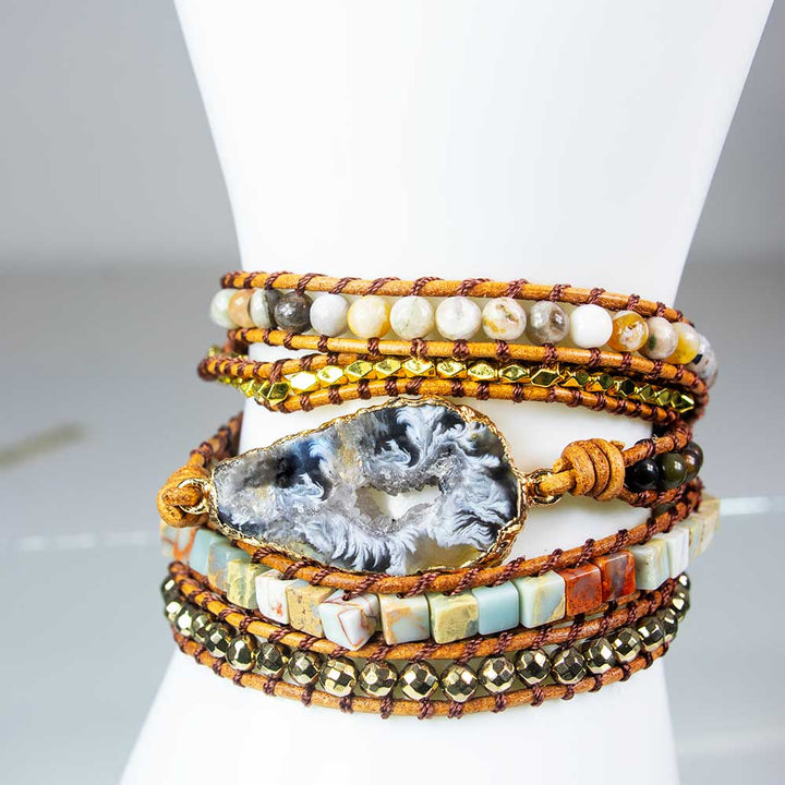 Mixed gemstone and agate leather wrap bracelet alternate view