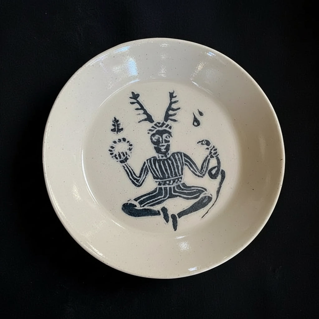 White ceramic plate with black decorative design on a dark background