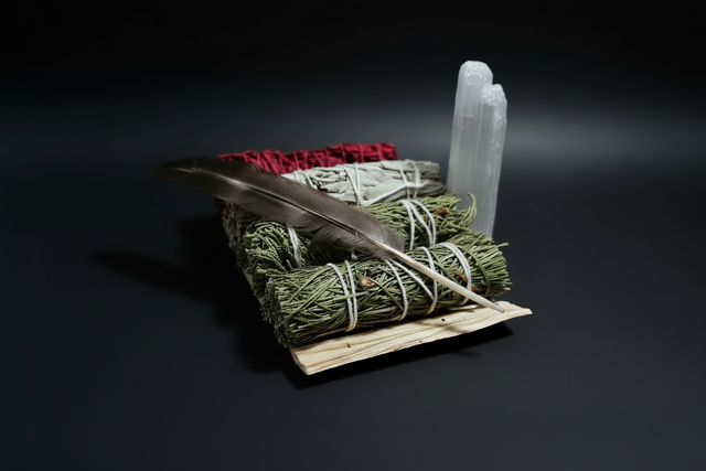 Deep Clearing Bundle with botanical materials, Palo Santo, feather, and white satin spar gypsum wand