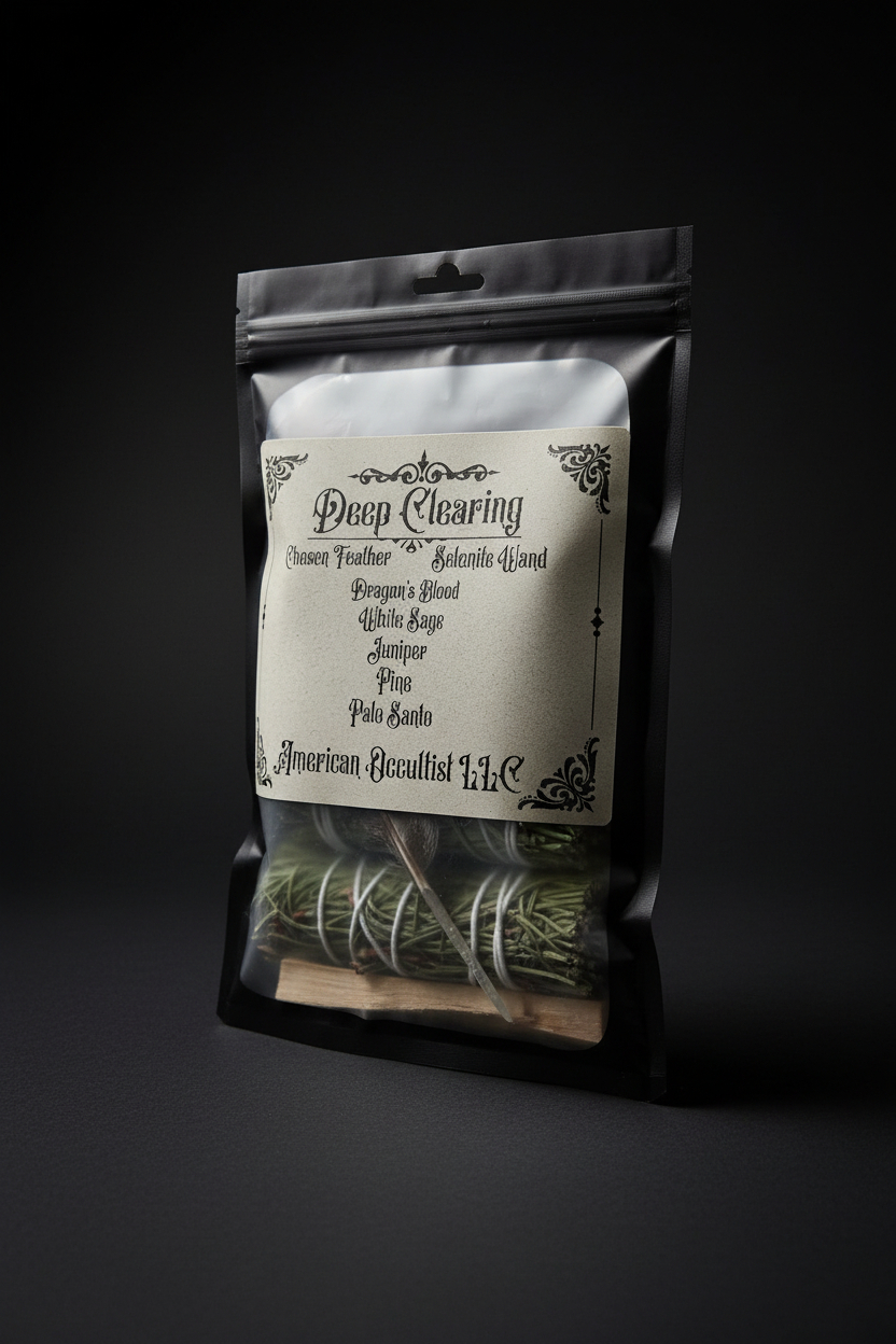Packaged Deep Clearing Bundle with botanical materials, Palo Santo, feather, and satin spar gypsum wand
