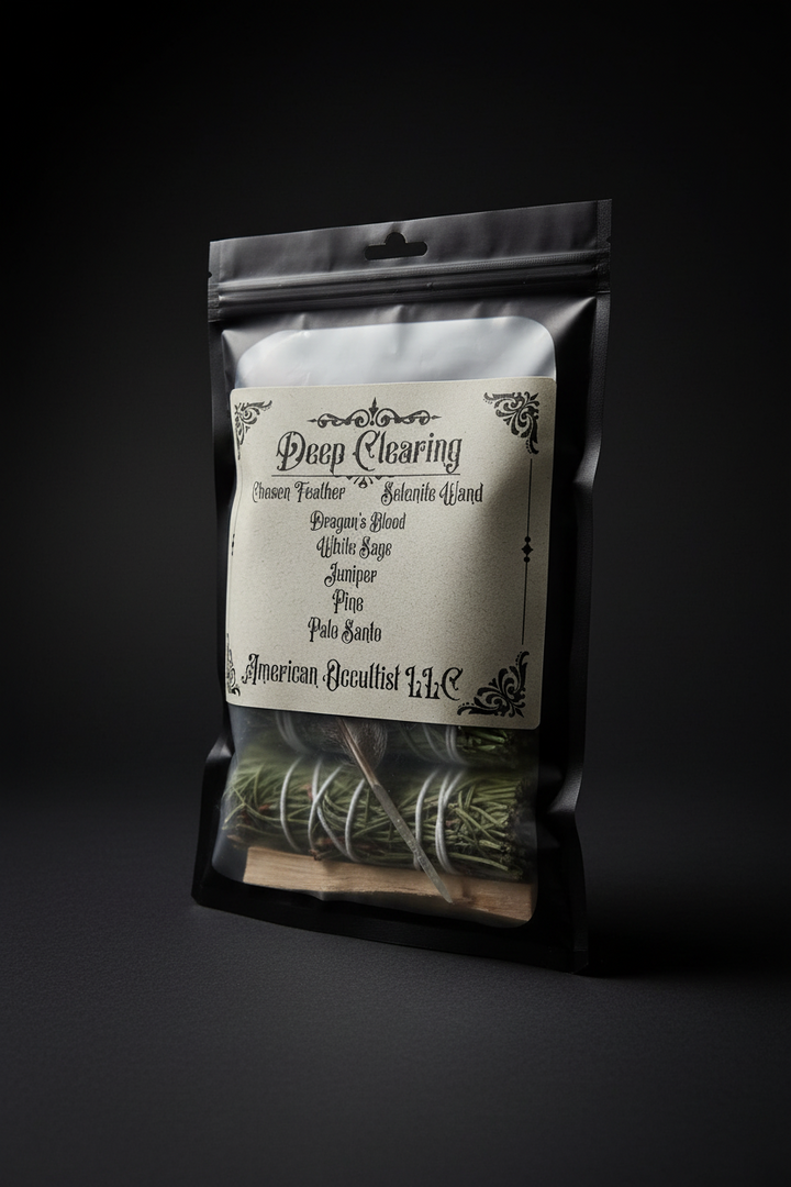 Packaged Deep Clearing Bundle with botanical materials, Palo Santo, feather, and satin spar gypsum wand