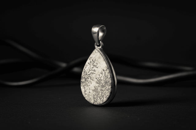 Exact dendritic jasper picture pendant front view showing branching landscape-like pattern in supplier-described sterling silver; identity, treatment, dimensions, weight, and silver fineness are not independently documented