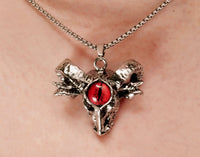A ram head necklace with a redDevil's eye pendant, suspended from a chain.