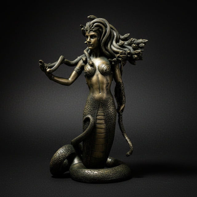 Bronze statue of a mermaid with flowing hair on a white background
