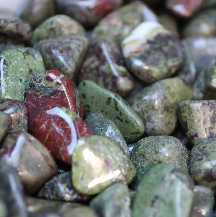 Close-up of green and red marbled stones