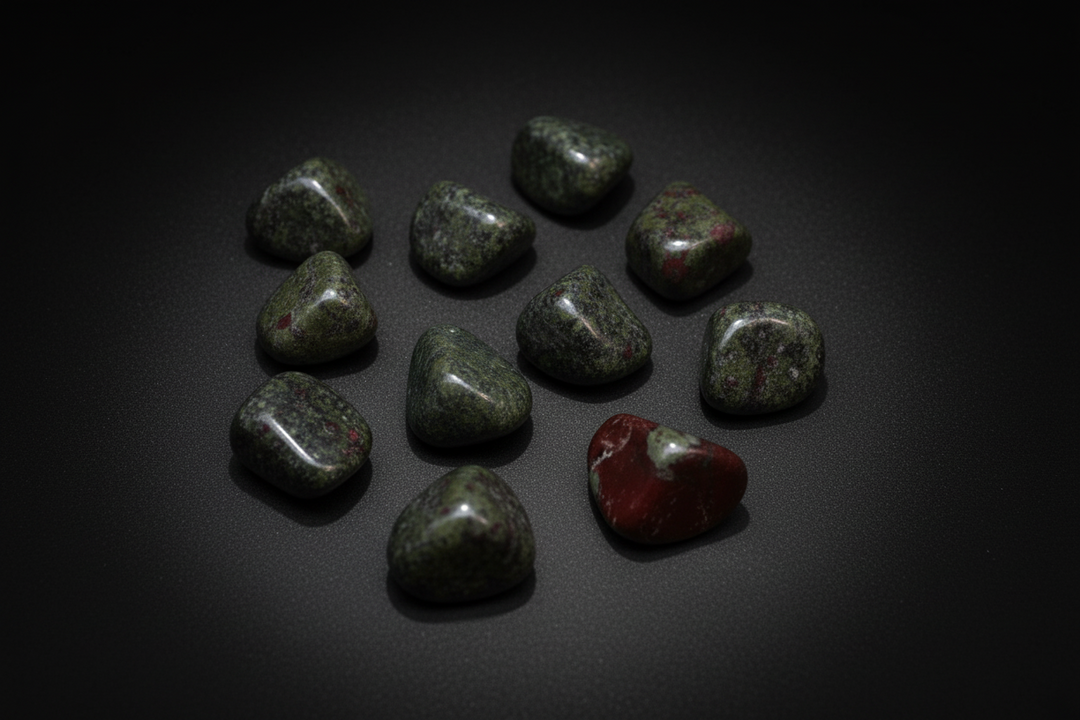 Polished green-and-red Dragon Bloodstone tumbled stone