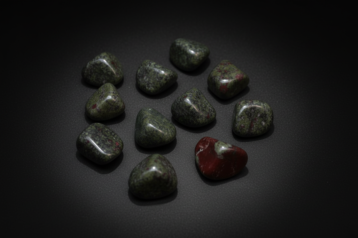 Polished green-and-red Dragon Bloodstone tumbled stone