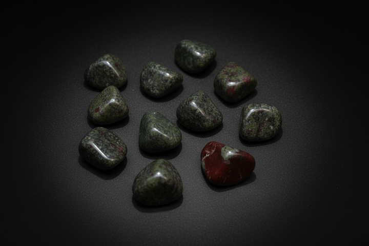 Polished green-and-red Dragon Bloodstone tumbled stone