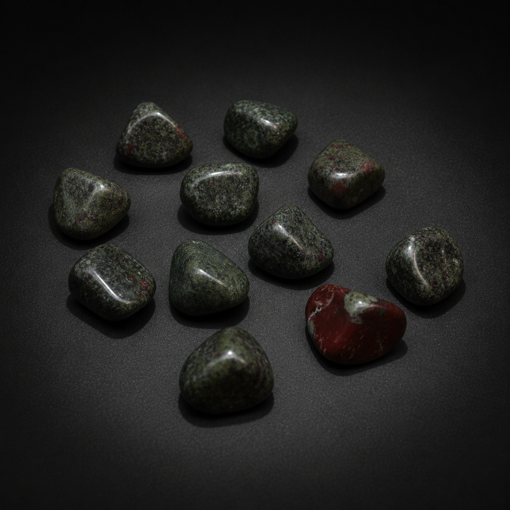 Ten polished green Dragon Bloodstone tumbled stones with naturally varied red markings on a matte black surface
