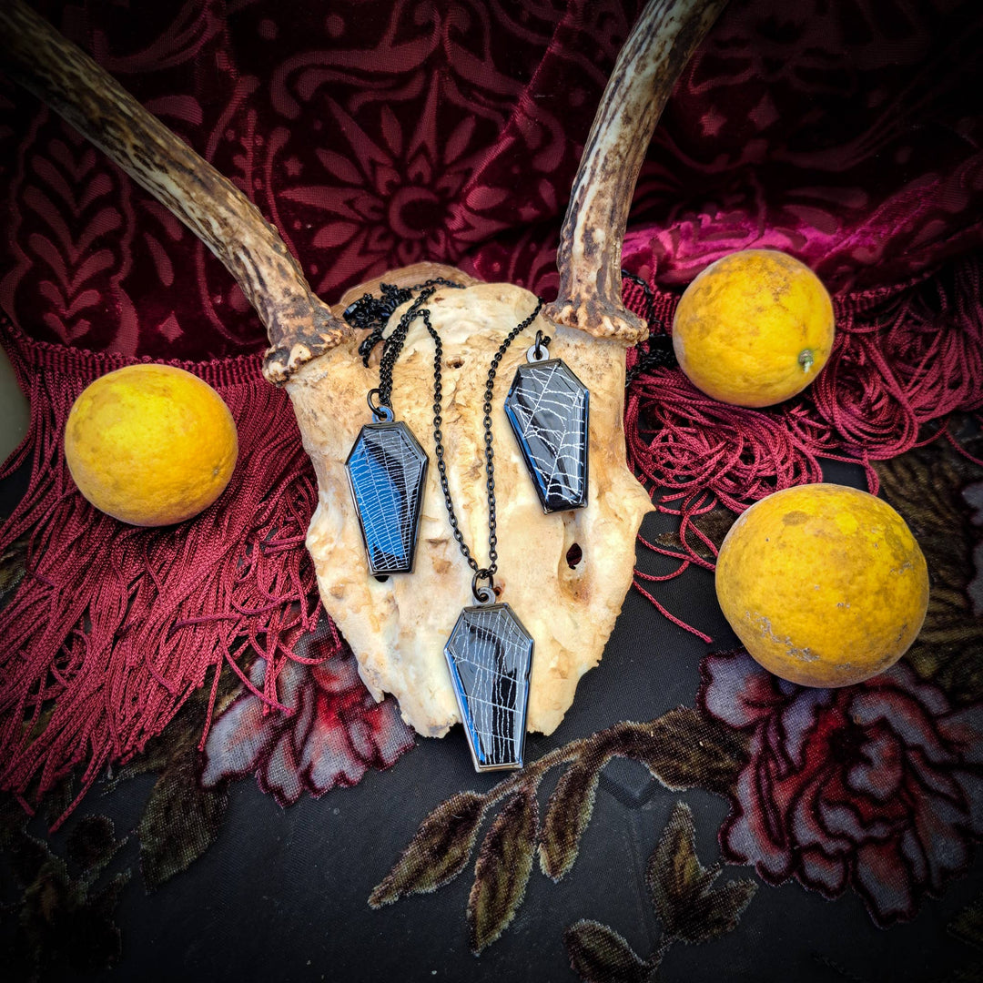 Alternate view of black coffin necklace containing real spiderweb