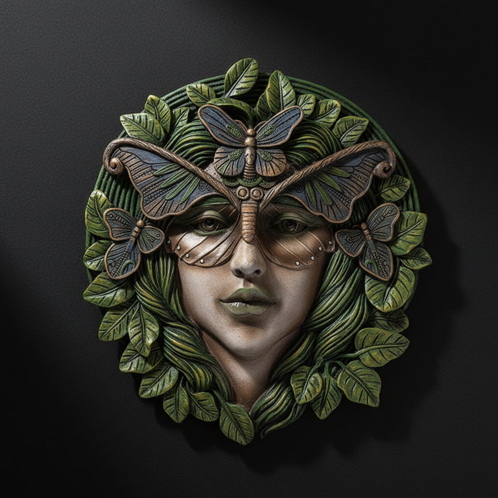 Tree lady wall plaque with leaves and butterfly design in cold cast resin for nature-themed altar decor.
