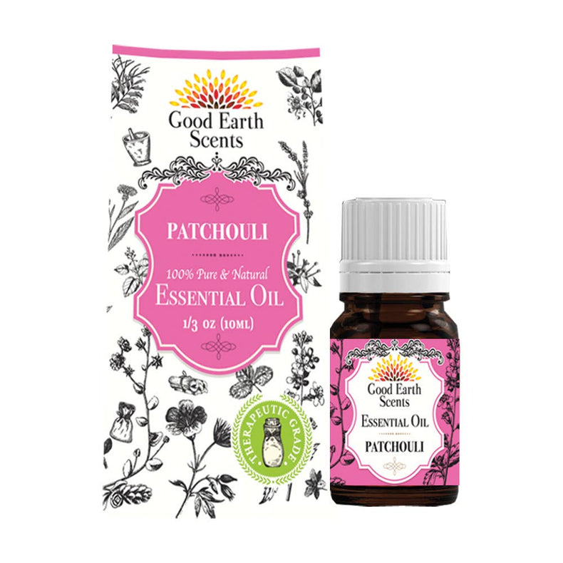 Good Earth Scents Patchouli essential oil bottle and packaging on a white background