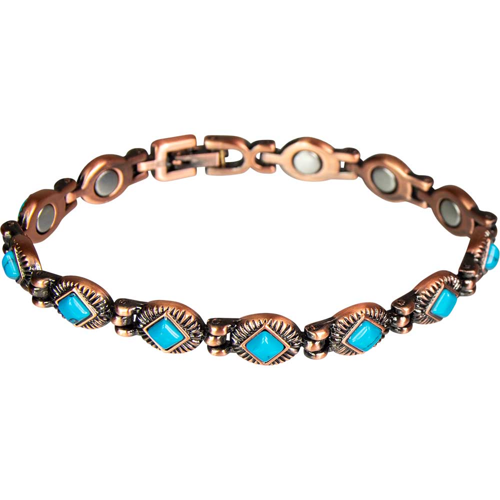 Linked magnetic copper-tone bracelet with turquoise-colored accents