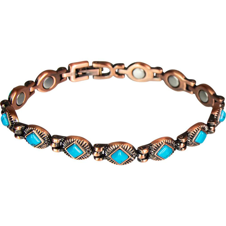 Linked magnetic copper-tone bracelet with turquoise-colored accents