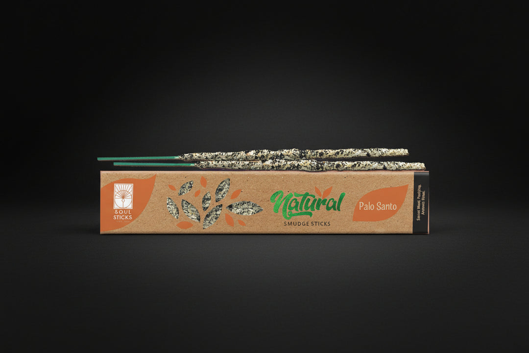 Box of Natural Palo Santo smudge sticks with packaging on a black background