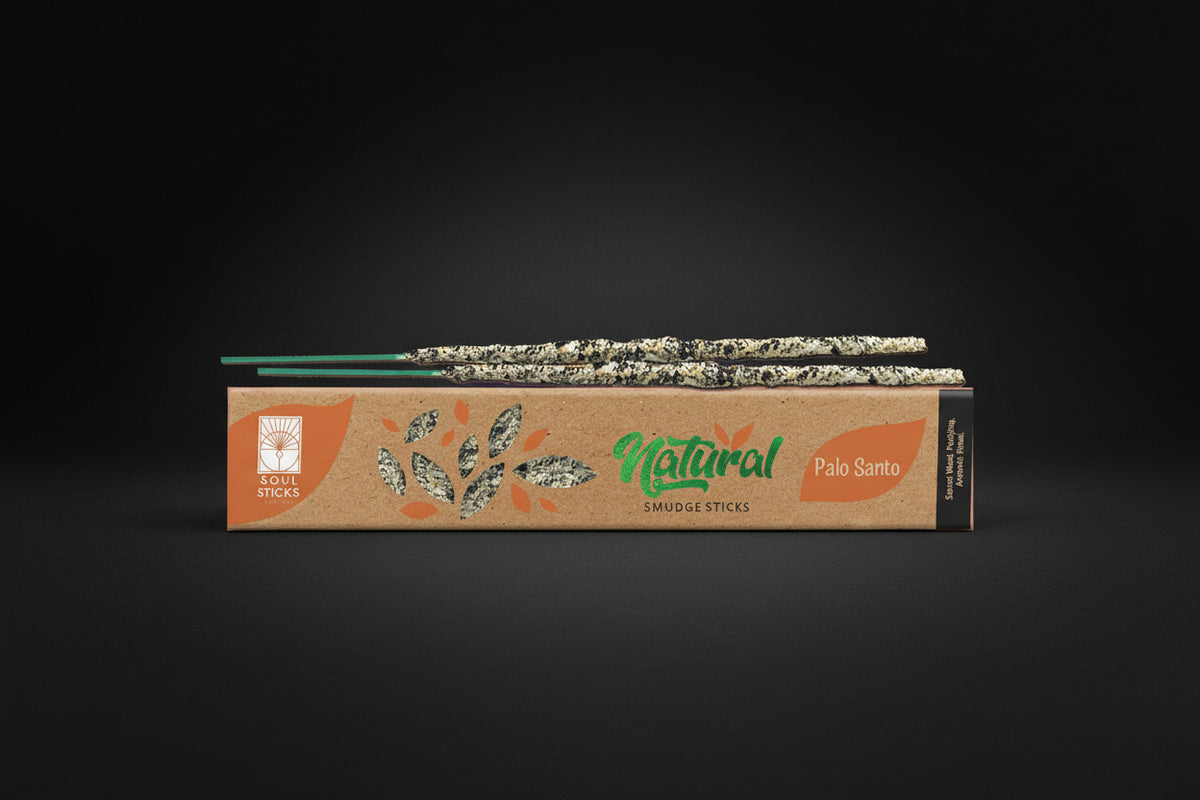 Box of Natural Palo Santo smudge sticks with packaging on a black background