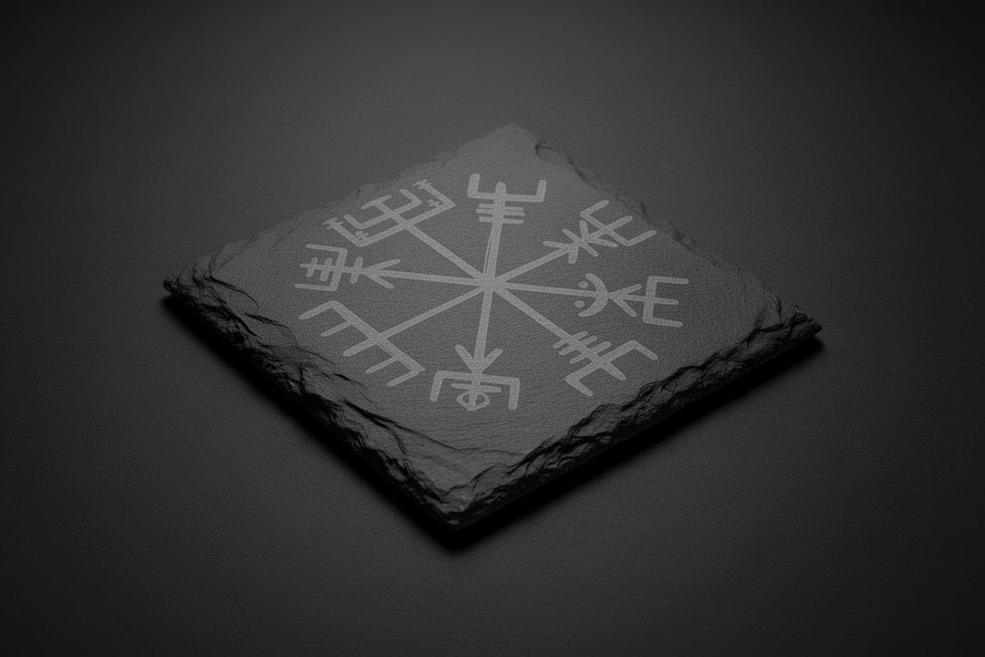 Black slate altar tile engraved with the Vegvisir symbol