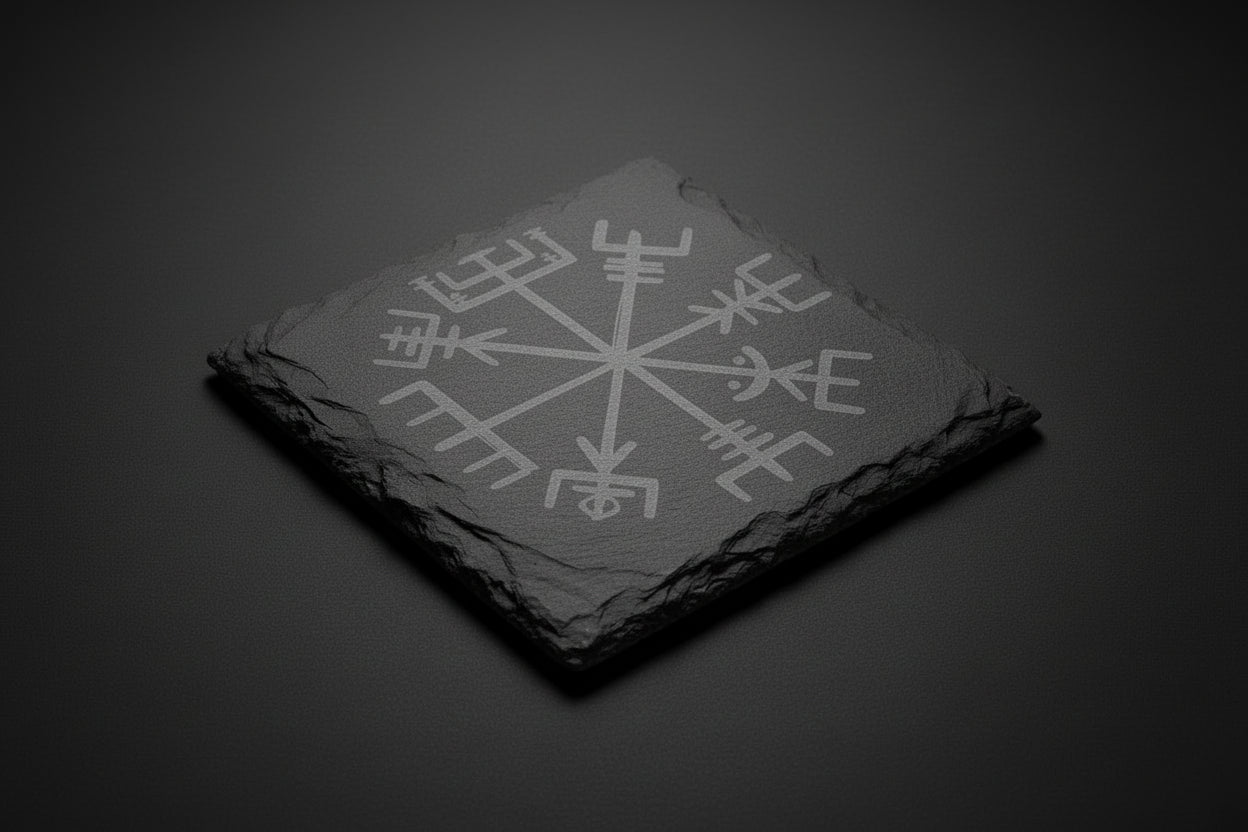 Black slate altar tile engraved with the Vegvisir symbol