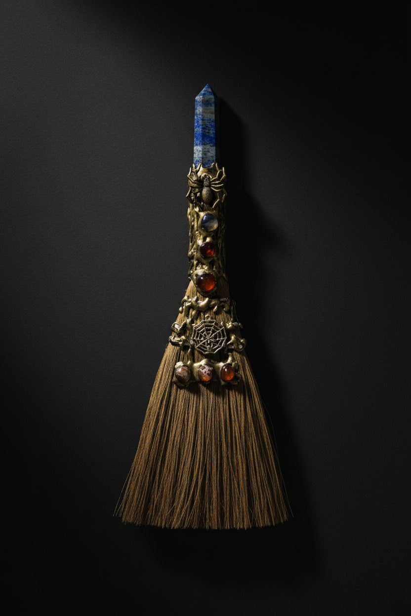 Thirteen-inch lapis Wicca broom with gold spider charm