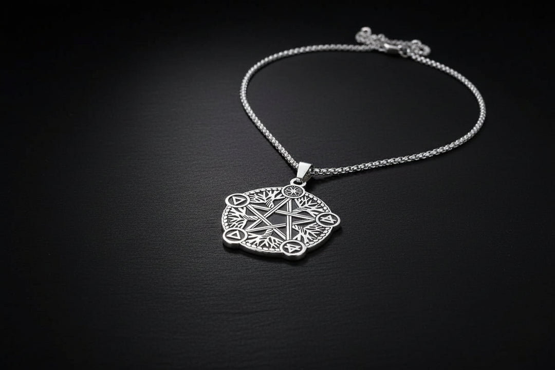 Silver pentagram pendant necklace on a black background