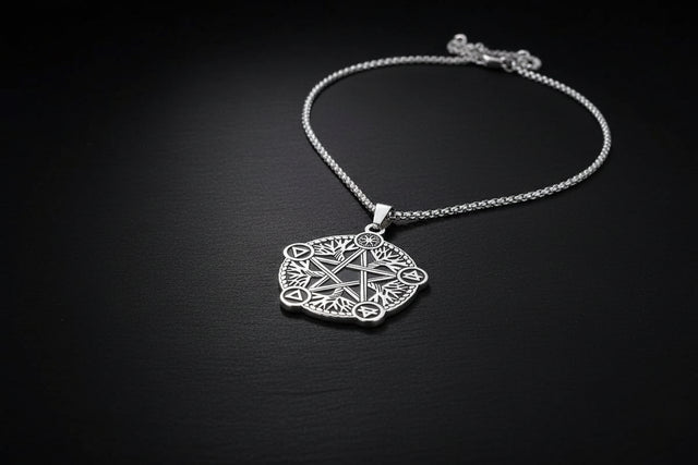 Silver pentagram pendant necklace on a black background
