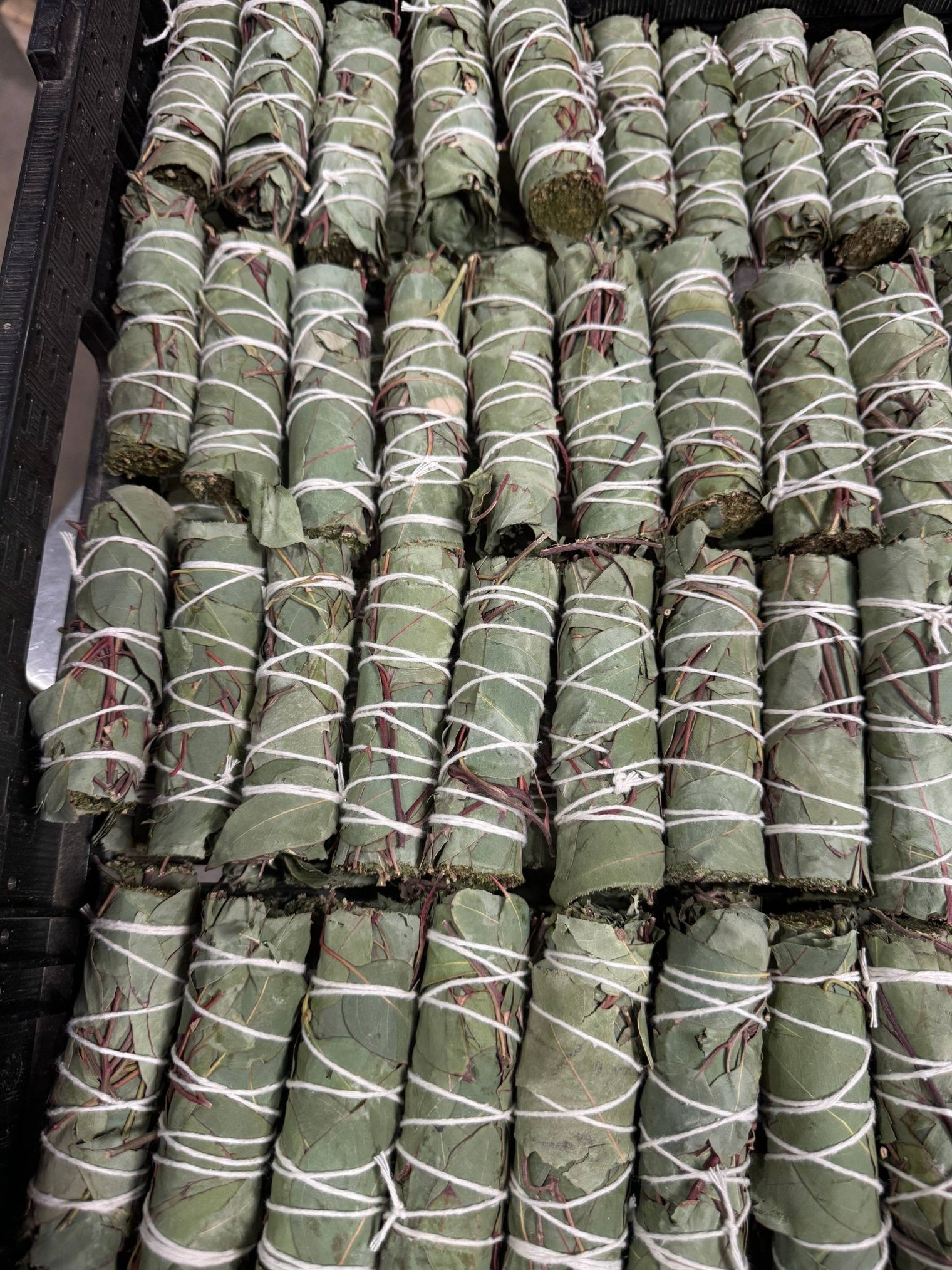Stack of green rolled items tied with white string on a black surface