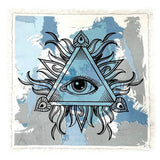 Decorative altar cloth with eye and triangle design on a blue and gray abstract background
