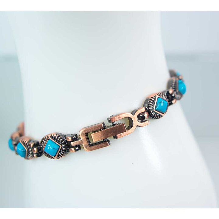 Magnetic copper-tone bracelet shown from an alternate angle
