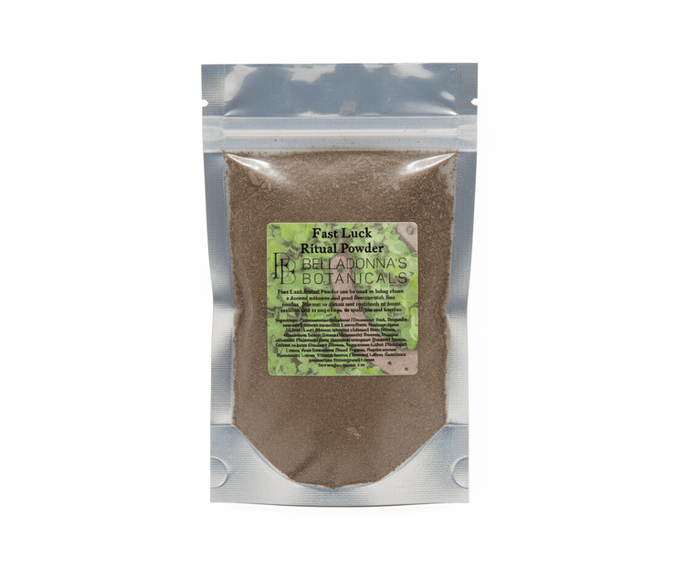 Bag of brown powder with a label on a white background