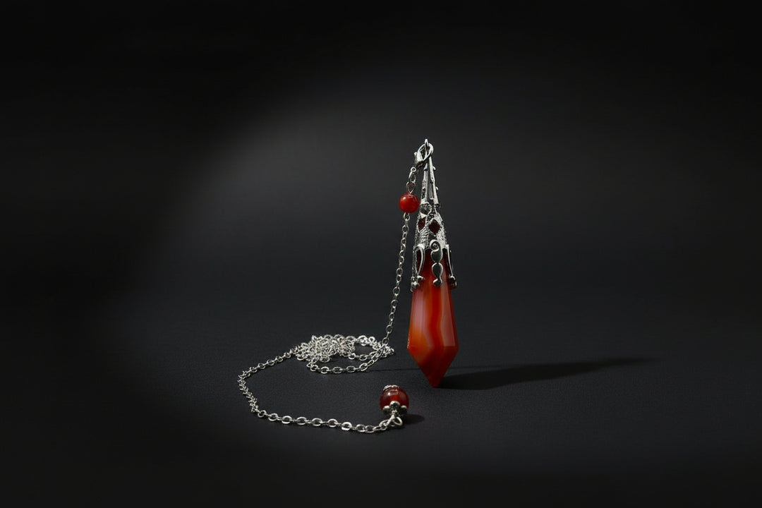 Banded Carnelian pendulum with polished stone body and metal chain