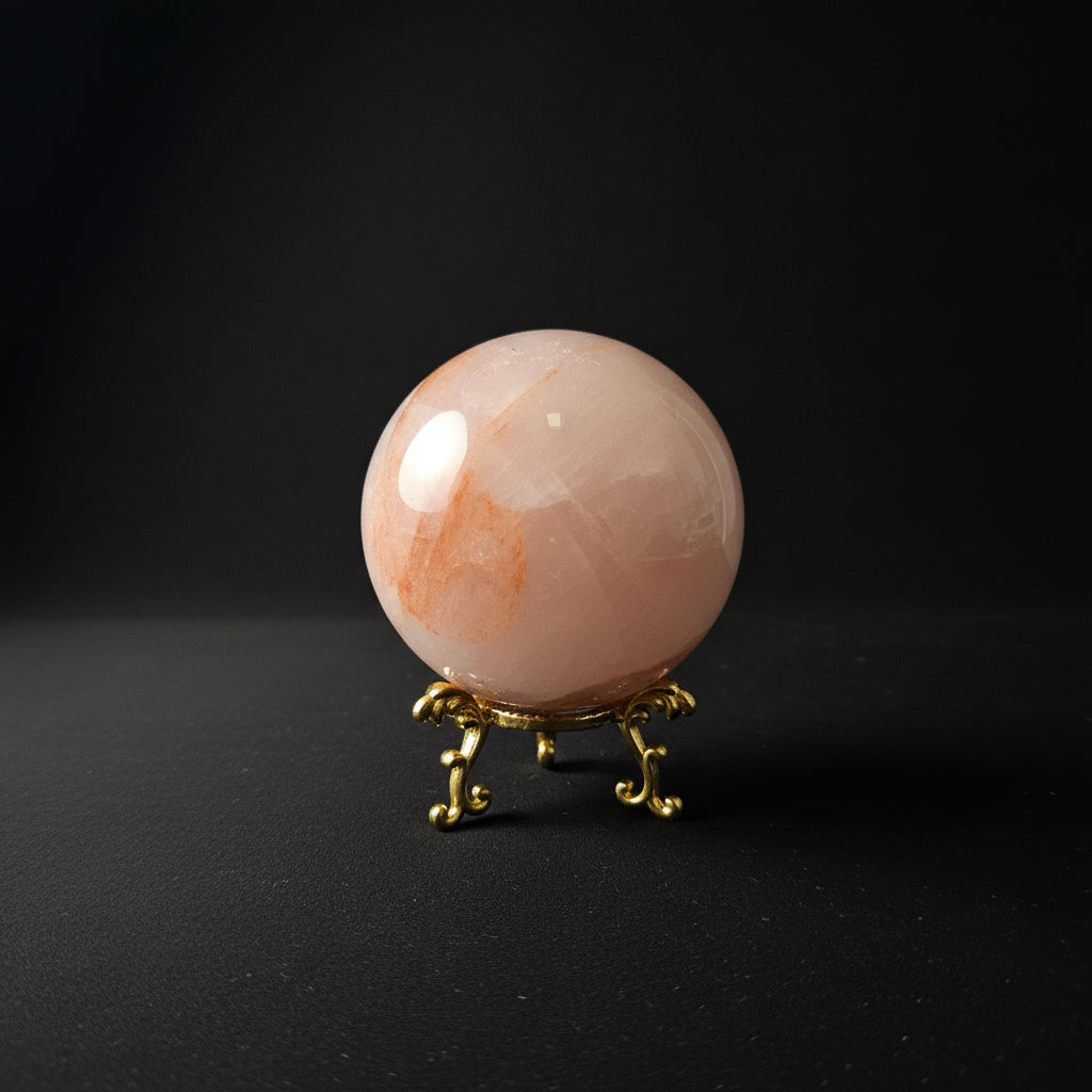 Polished pink Fiery Rose Quartz sphere with internal veils and inclusions
