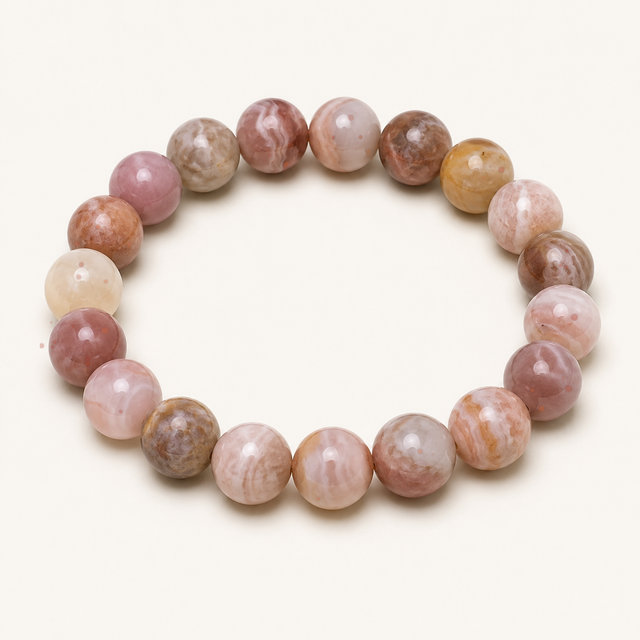 Polished round fire quartz beaded stretch bracelet with clear stone and red-orange iron inclusions.