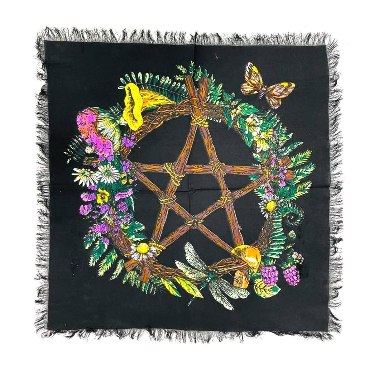 Black 18-inch Floral Pentacle altar cloth with flowers and butterflies on a white background
