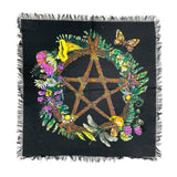 Black 18-inch Floral Pentacle altar cloth with flowers and butterflies on a white background