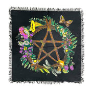 Black 18-inch Floral Pentacle altar cloth with flowers and butterflies on a white background