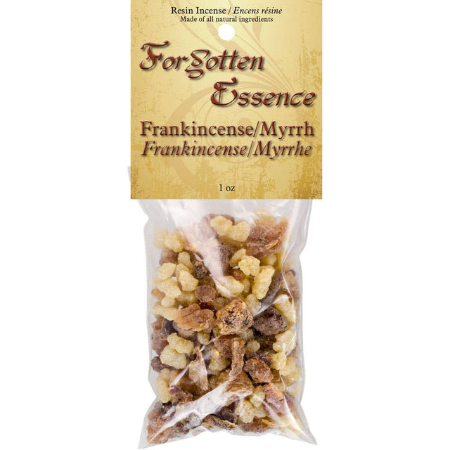 Package of resin incense labeled 'Forgotten Essence' with frankincense and myrrh.