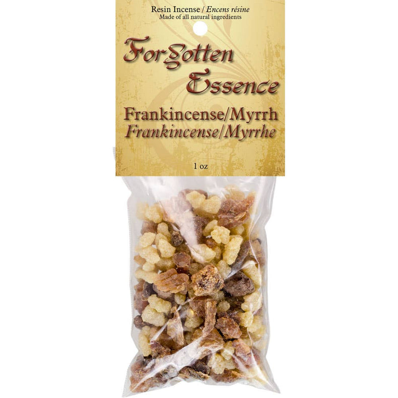 Package of resin incense labeled 'Forgotten Essence' with frankincense and myrrh.