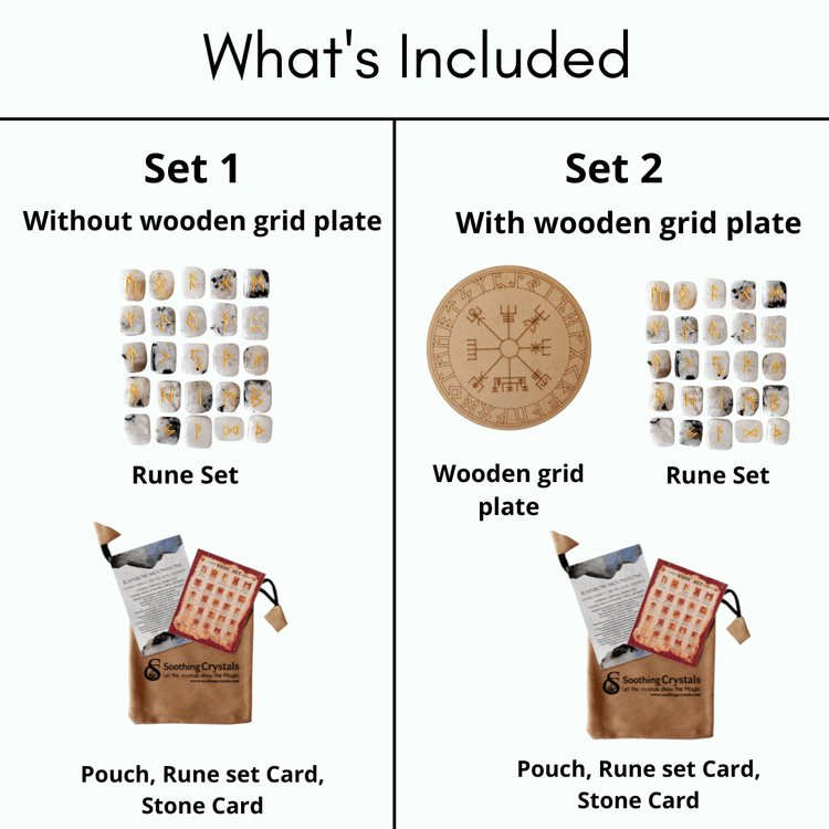 Comparison of rune sets with and without a wooden grid plate, including pouches and cards.