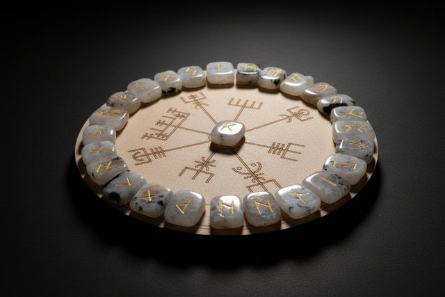 Wooden circle with rune stones arranged around it on a white background