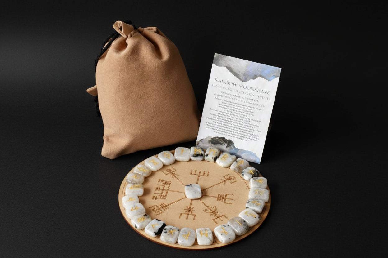 Crystal set with a wooden board and stones on a white surface, featuring 'Soothing Crystals' branding.